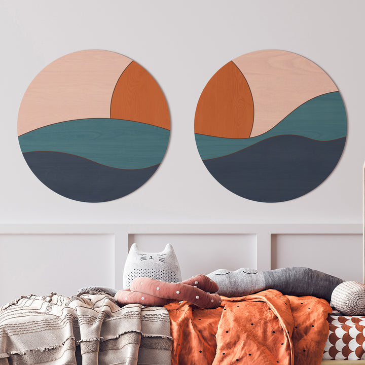 Set of 2 Abstract Round Mountain Wood Wall Hangings - Wooden Wall Art for Living Room - Large Wall Art Decorations - Mountain Wood Wall Art